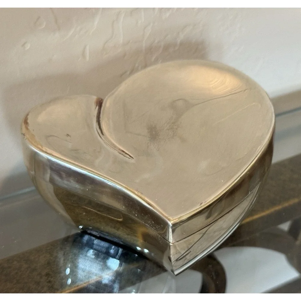 Vintage Polished Silver tone Mid Century Heart Trinket Box Black Velvet Lining
